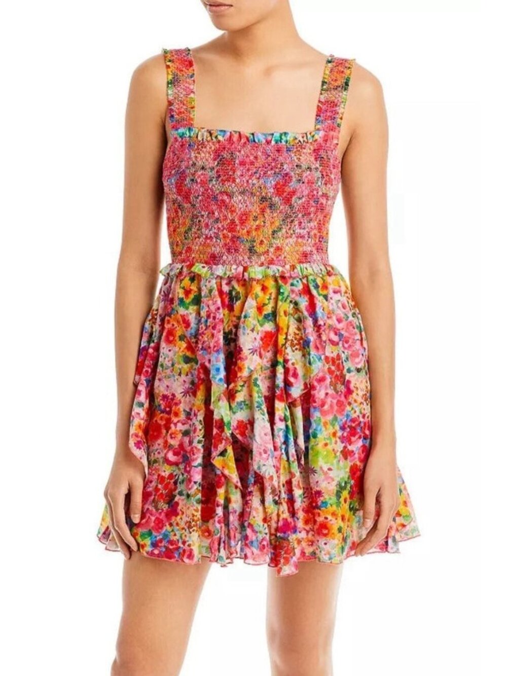 Alice + Olivia Jocelyn Bright Pink Floral Smocked Ruffle Mini Dress NWT, Size2